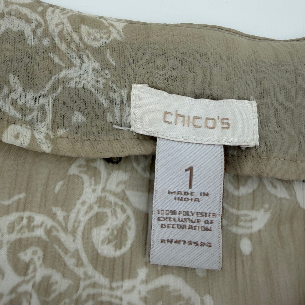 Chicos Womens 1 Medium Brown Ombre Damask Tunic Beaded Embroidered Sheer Blouse - Picture 3 of 5
